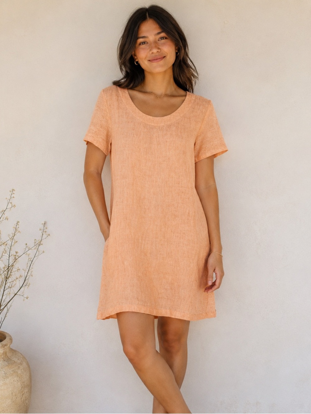 120% Lino Peach Linen Shift Dress Short Sleeve Medium